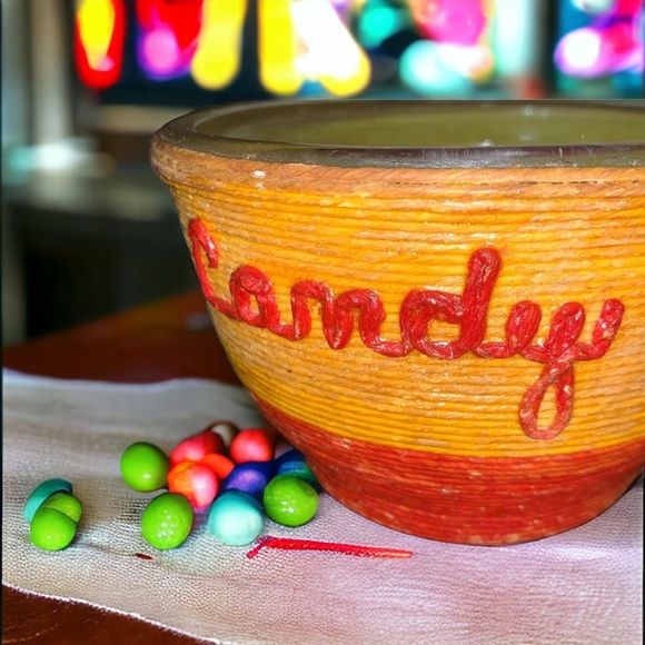 Vintage Yellow and Red Candy Decorative Glass Bowl Dish - Picture 4 of 7